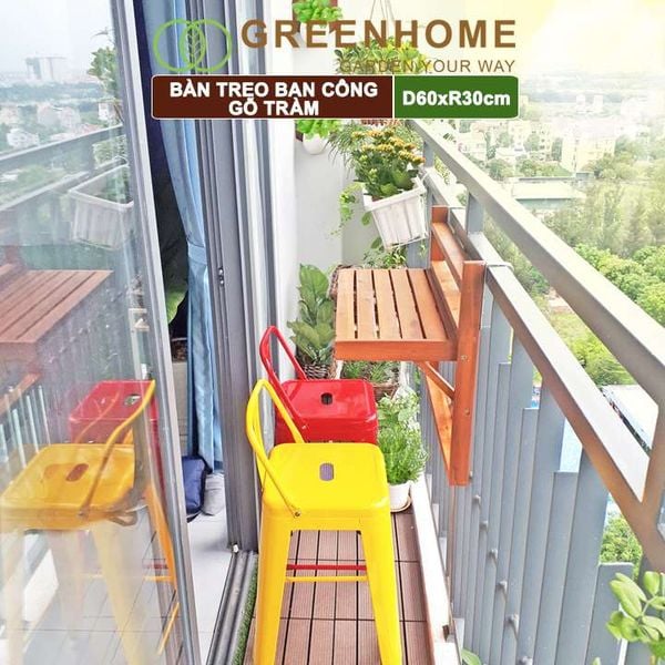 Bàn treo ban công, D60xR30cm, màu gỗ tự nhiên, gỗ tràm, siêu bền, phù hợp mọi lan can |Greenhome