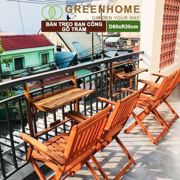 Bàn treo ban công, D60xR30cm, màu gỗ tự nhiên, gỗ tràm, siêu bền, phù hợp mọi lan can |Greenhome