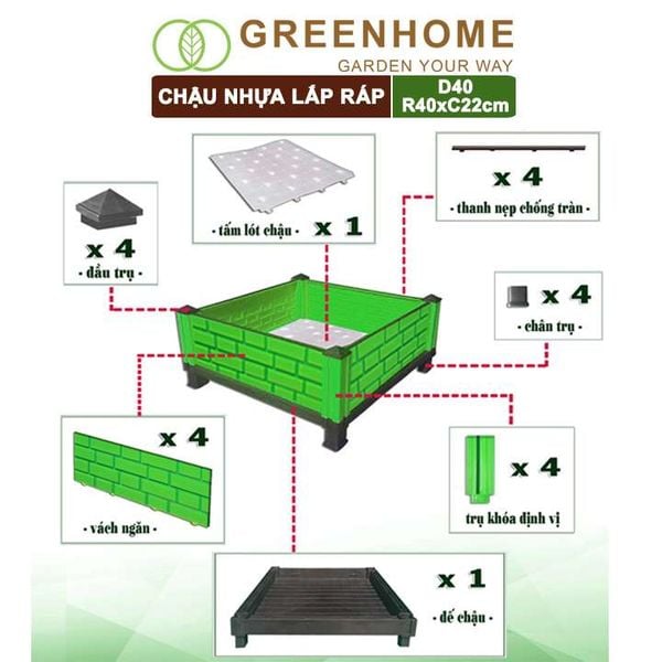 Chậu nhựa lắp ráp, trồng hoa hồng, cây leo, rau, củ, quả, độ bền 5 năm, nhiều kích thước lựa chọn |Greenhome