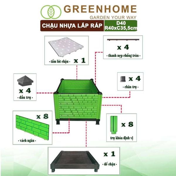 Chậu nhựa lắp ráp, trồng hoa hồng, cây leo, rau, củ, quả, độ bền 5 năm, nhiều kích thước lựa chọn |Greenhome