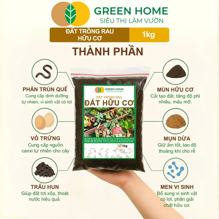 Đất Trồng Rau GreenHome, Bao 1kg, Hữu Cơ, Trộn Sẵn, Tiện Lợi, Đầy Đủ Dinh Dưỡng, Chuyên Cho Rau