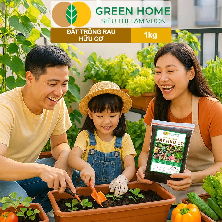 Đất Trồng Rau GreenHome, Bao 1kg, Hữu Cơ, Trộn Sẵn, Tiện Lợi, Đầy Đủ Dinh Dưỡng, Chuyên Cho Rau