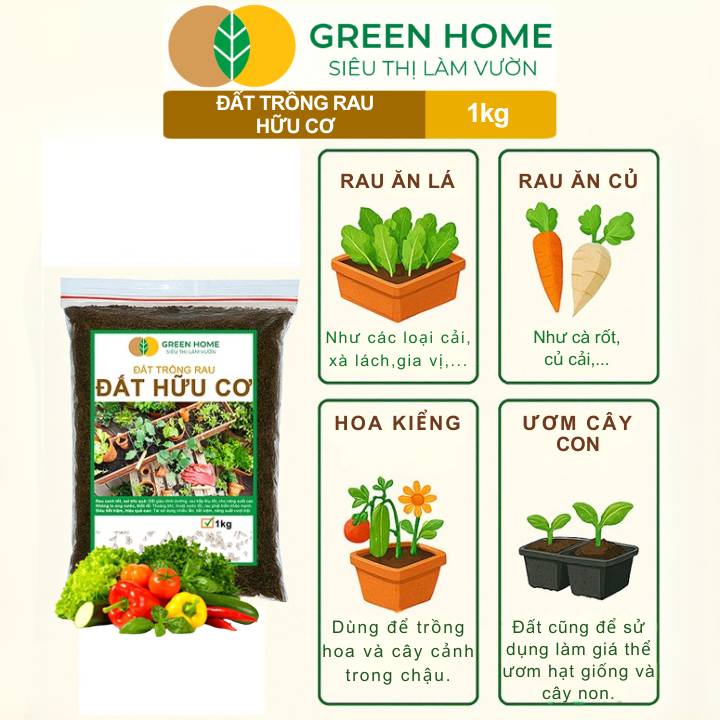 Đất Trồng Rau GreenHome, Bao 1kg, Hữu Cơ, Trộn Sẵn, Tiện Lợi, Đầy Đủ Dinh Dưỡng, Chuyên Cho Rau