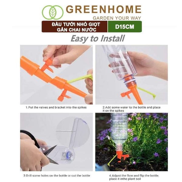 Đầu tưới nhỏ giọt gắn chai nước, D15cm, có chân chống đỗ, chỉnh được lượng nước, màu ngẫu nhiên |Greenhome