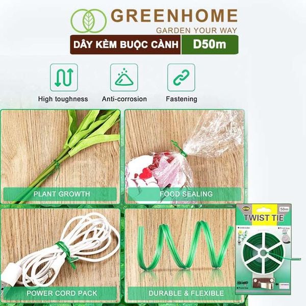 Dây buộc cành cây, dài 50m, kẽm bọc nhựa, tích hợp dao cắt tiện lợi, cố định thân cây, làm giàn |Greenhome
