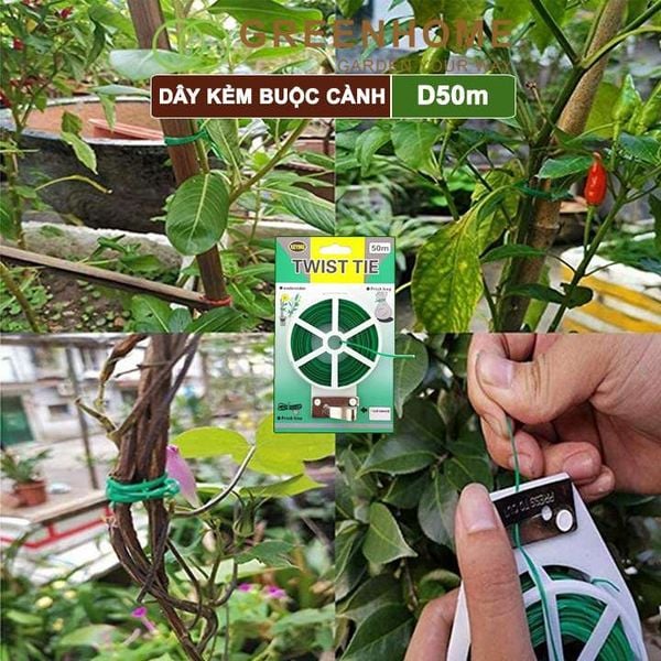 Dây buộc cành cây, dài 50m, kẽm bọc nhựa, tích hợp dao cắt tiện lợi, cố định thân cây, làm giàn |Greenhome