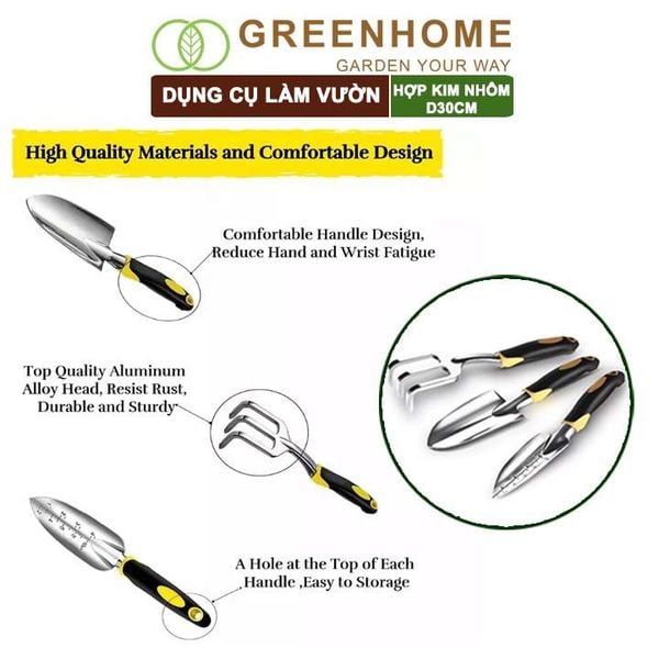 Dụng cụ trồng cây, D30cm, hợp kim nhôm, tay cầm cao su chống trượt, gồm xẻng, cào, xẻng chia vạch |Greenhome