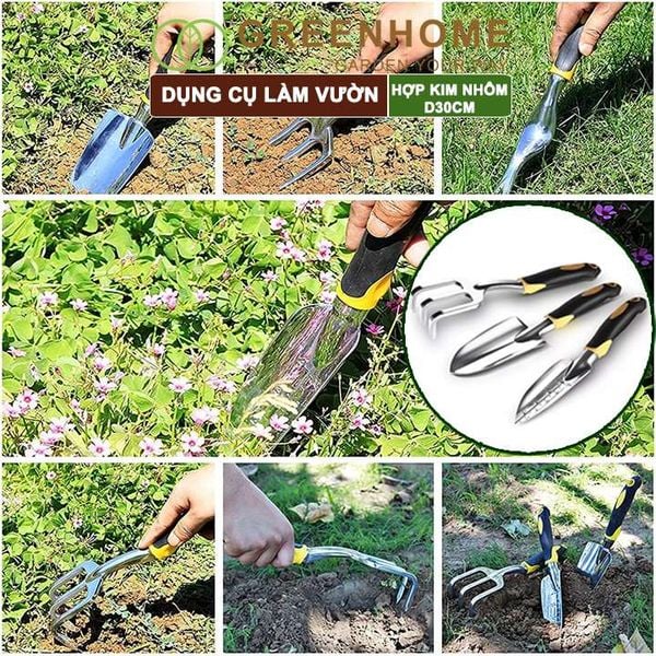 Dụng cụ trồng cây, D30cm, hợp kim nhôm, tay cầm cao su chống trượt, gồm xẻng, cào, xẻng chia vạch |Greenhome