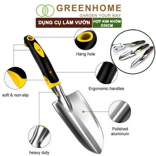 Dụng cụ trồng cây, D30cm, hợp kim nhôm, tay cầm cao su chống trượt, gồm xẻng, cào, xẻng chia vạch |Greenhome