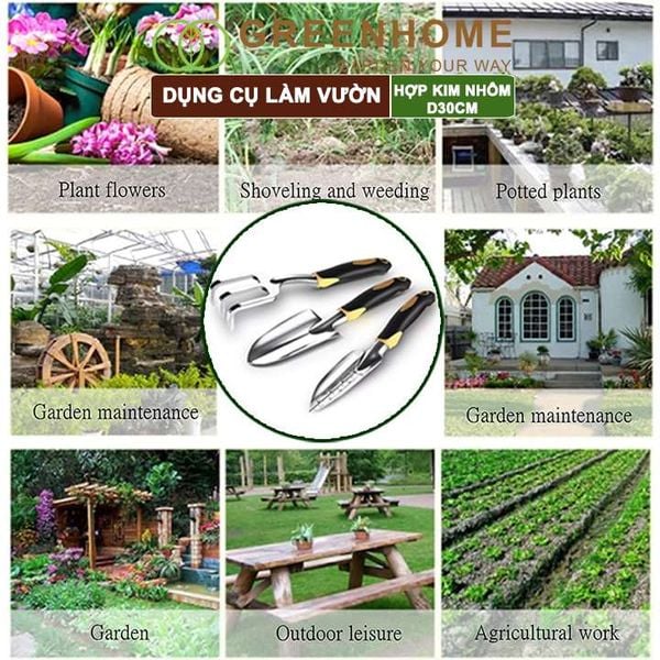 Dụng cụ trồng cây, D30cm, hợp kim nhôm, tay cầm cao su chống trượt, gồm xẻng, cào, xẻng chia vạch |Greenhome