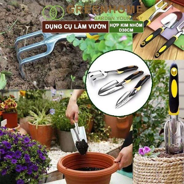 Dụng cụ trồng cây, D30cm, hợp kim nhôm, tay cầm cao su chống trượt, gồm xẻng, cào, xẻng chia vạch |Greenhome