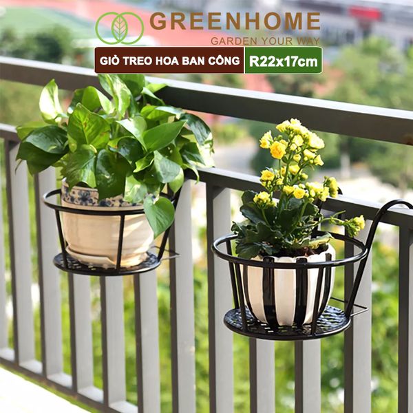 Giỏ treo hoa ban công, D22xC18cm, chất liệu sắt sơn tĩnh điện, phù hợp với mọi lan can, nhiều màu để lựa chọn |Greenhome