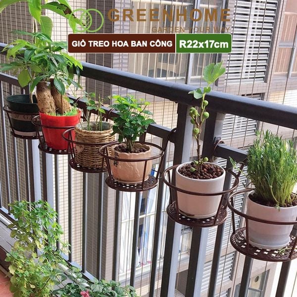 Giỏ treo hoa ban công, D22xC18cm, chất liệu sắt sơn tĩnh điện, phù hợp với mọi lan can, nhiều màu để lựa chọn |Greenhome