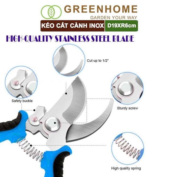 Kéo cắt cành, D19xR6cm, inox, siêu bén, không gỉ, có khoá an toàn, cắt được cành to |Greenhome