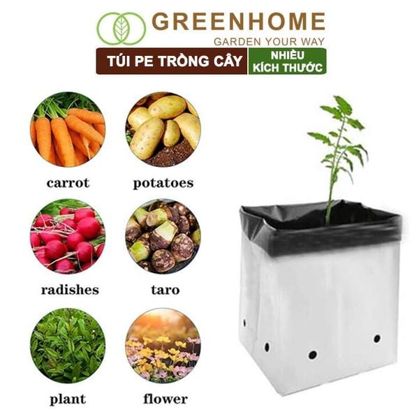 Túi PE trồng cây, 2 lớp, nhiều kích thước, chống UV tiện lợi, độ bền 1,5 năm, trồng rau, hoa, dâu tây |Greenhome
