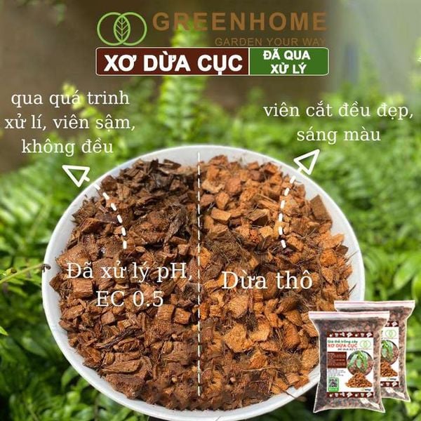 Xơ dừa cục đã qua xử lý Greenhome, size 1-2cm, bao 400gr, giá thể kiểng lá, phong lan