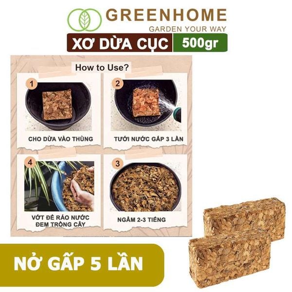 Xơ dừa cục Greenhome, viên 500gr, sơ dừa nén, nở gấp 5 lần, kích thích rễ, thoát nước tốt giá thể kiểng lá, phong lan