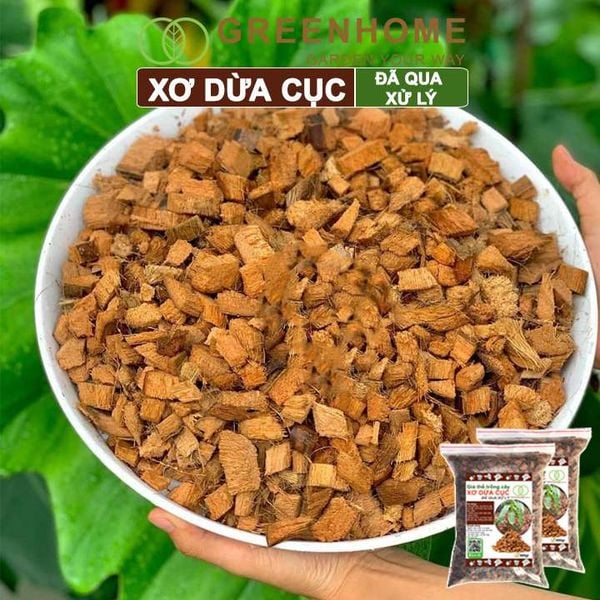 Xơ dừa cục đã qua xử lý Greenhome, size 1-2cm, bao 400gr, giá thể kiểng lá, phong lan