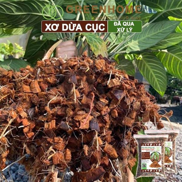 Xơ dừa cục đã qua xử lý Greenhome, size 1-2cm, bao 400gr, giá thể kiểng lá, phong lan