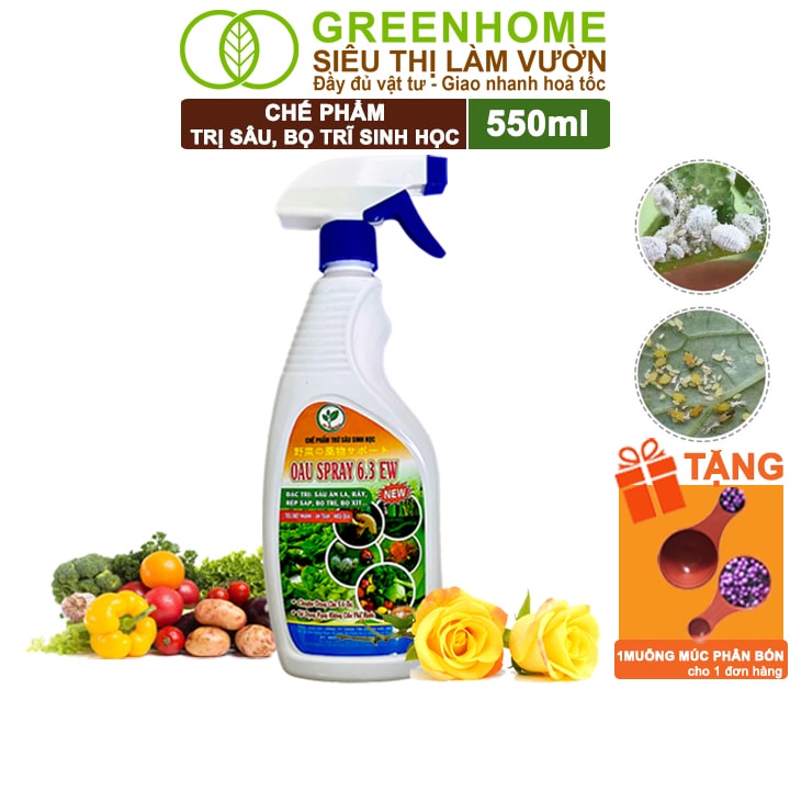 Chế Phẩm Trừ Sâu Sinh Học Greenhome, Oau Spray, Chai 550Ml, Trị Nhện Đỏ, Rầy, Rệp Sáp, Phấn Trắng, Bọ Trĩ Trên Cây Trồng