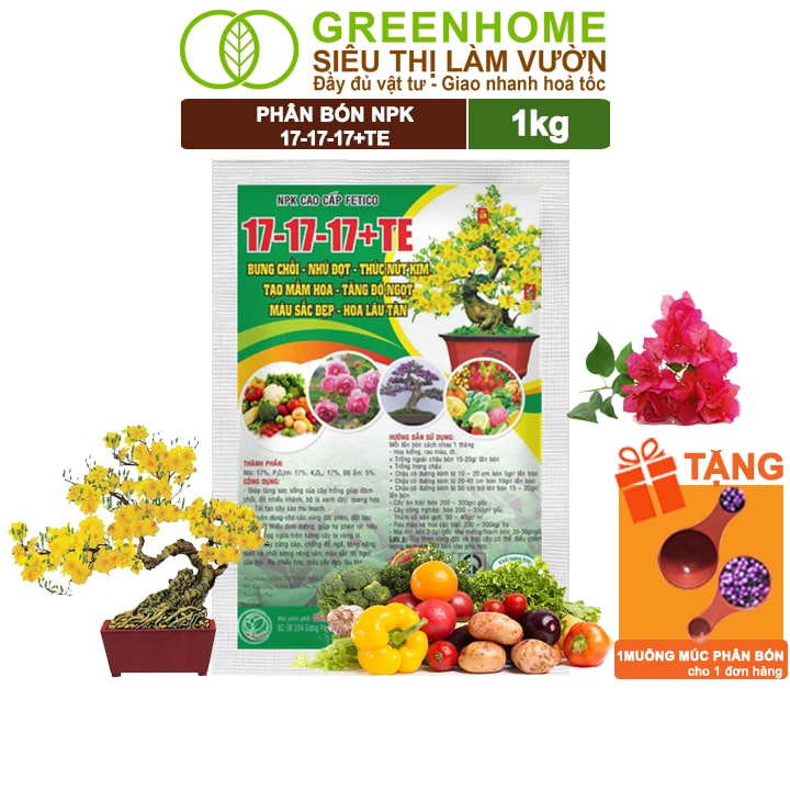 Phân Bón NPK 17-17-17+TE, Greenhome, Gói 1kg, Bung Chồi Đọt, Thúc Nút Kim, Tạo Mầm Dưỡng Hoa