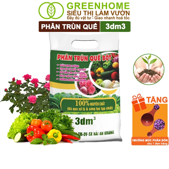 Phân Trùn Quế Greenhome, Hải An Khang, Bao 3dm3, Nguyên Chất, Bổ Sung Dinh Dưỡng, Cải Tạo Đất, Bón Rau