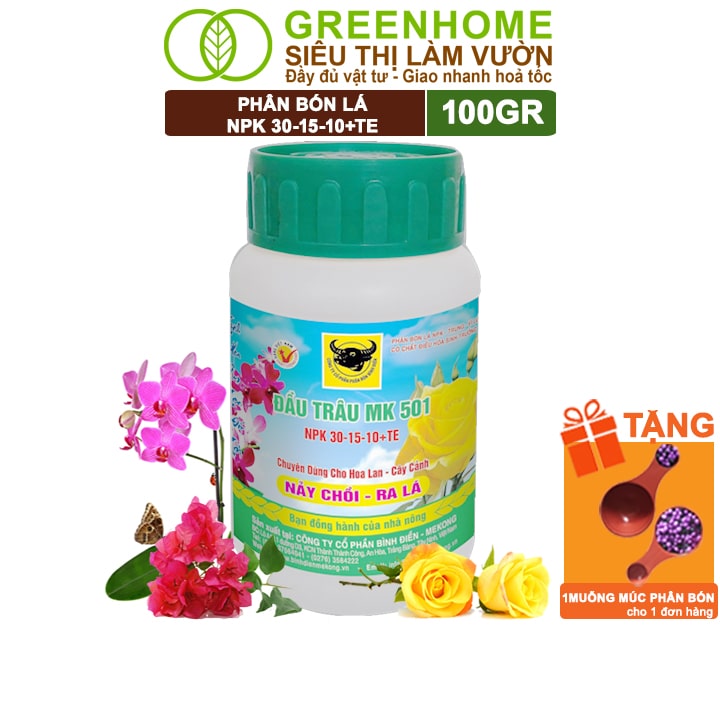 Phân Bón Lá Đầu Trâu MK 501, GreenHome, Chai 100GR, Chuyên Dùng Cho Hoa Lan, Cây Cảnh, Nảy Chồi Ra Lá