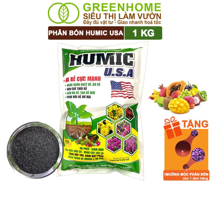 Phân Bón Humic USA Greenhome, Bình Điền, Gói 1Kg, Hữu Cơ Sinh Học, Siêu Ra Rễ, Tạo Rễ Mới