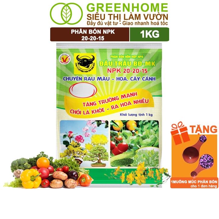 Phân Bón NPK 20-20-15, Greenhome, Gói 1KG, Chuyên Rau Màu - Hoa, Cây Cảnh