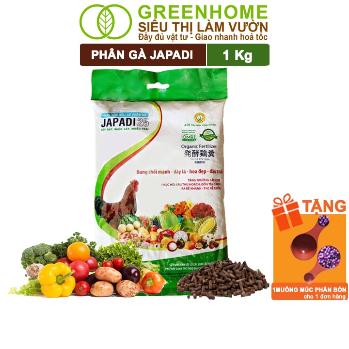 Phân Gà JAPADI Greenhome, Bao 1kg, Nhập Khẩu Nhật, Viên Nén, Tốt Đất, Hữu Cơ, Nhiều Trái