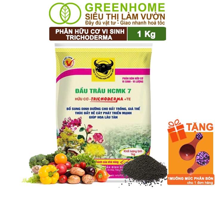 Phân Bón Hữu Cơ Đầu Trâu Trichoderma Greenhome, Bình Điền, Bao 1kg, Dạng Viên,Chuyên Hoa và Cây Cảnh