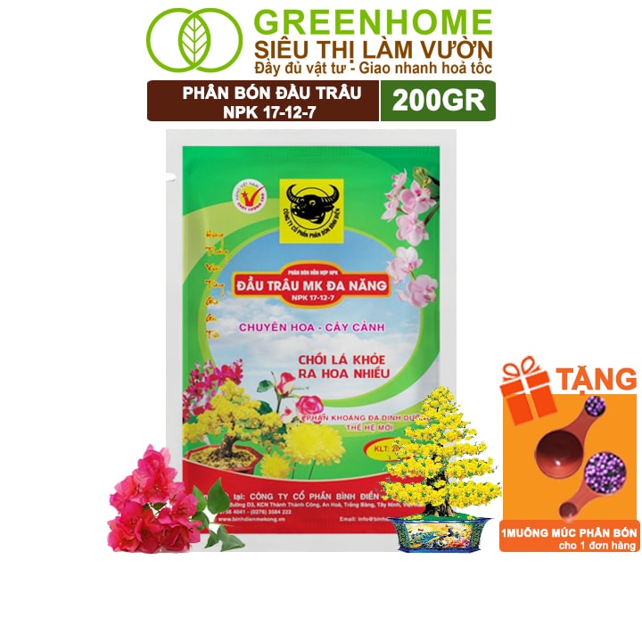 Phân NPK 17-12-7 Greenhome, Đầu Trâu, Bao 200Gr, Chồi Lá Khỏe - Ra Hoa Nhiều, Chuyên Hoa Và Cây Cảnh