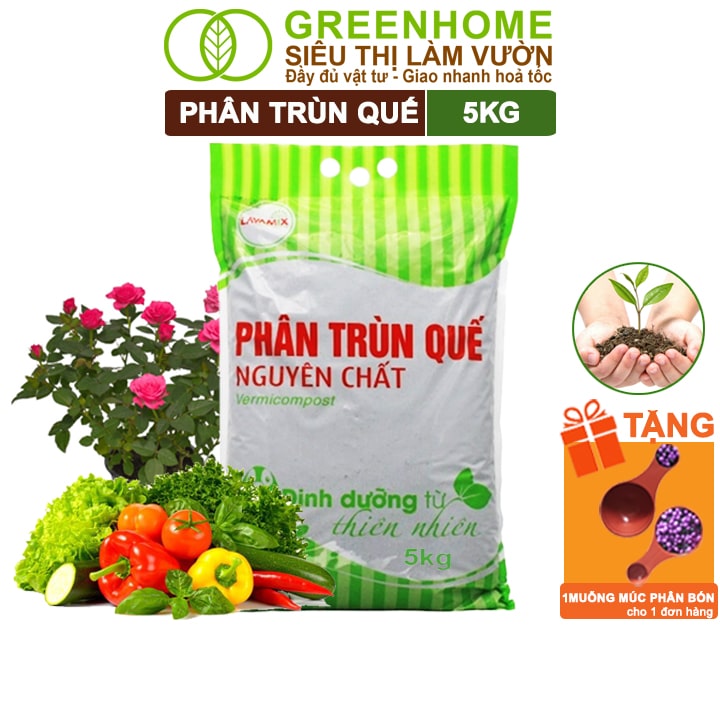 Phân Trùn Quế Greenhome, Lavamix, Bao 5kg, Nguyên Chất, Bổ Sung Dinh Dưỡng, Cải Tạo Đất, Bón Rau