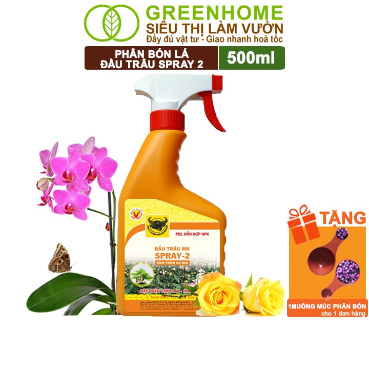 Phân Bón Lá Đầu Trâu Spray-2 Greenhome, Bình Điền, Chai 500ml, Kích Thích Ra Hoa, Chuyên Lan Và Hoa